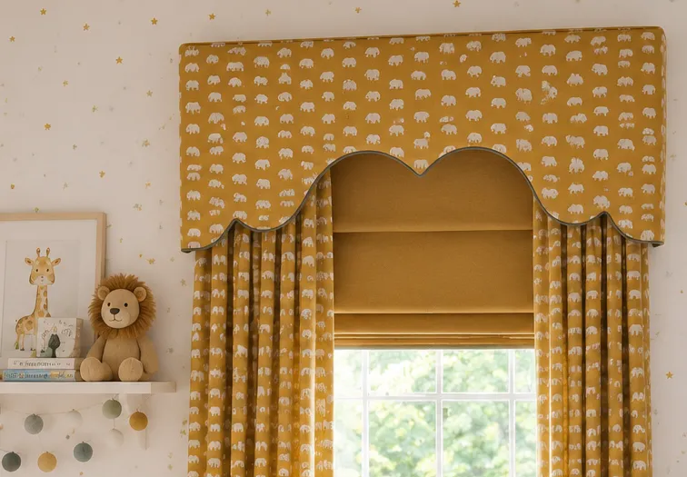 A shaped mustard elephant-print pelmet above a plain blind and curtains in a nursery