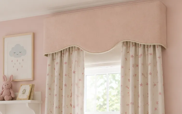 A shaped pink pelmet above star-print curtains in a nursery