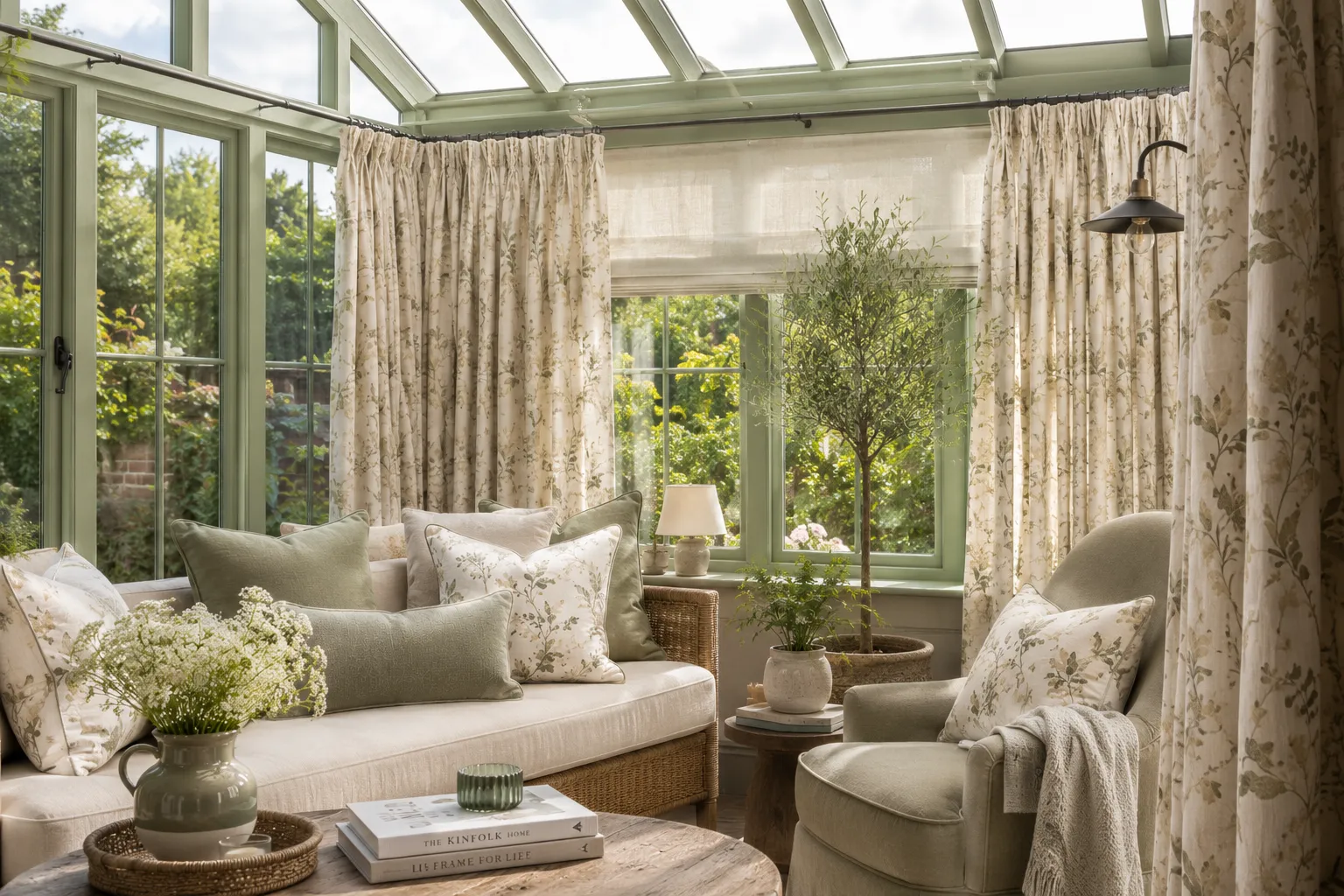 Floral curtains and a sheer Roman blind in a garden conservatory