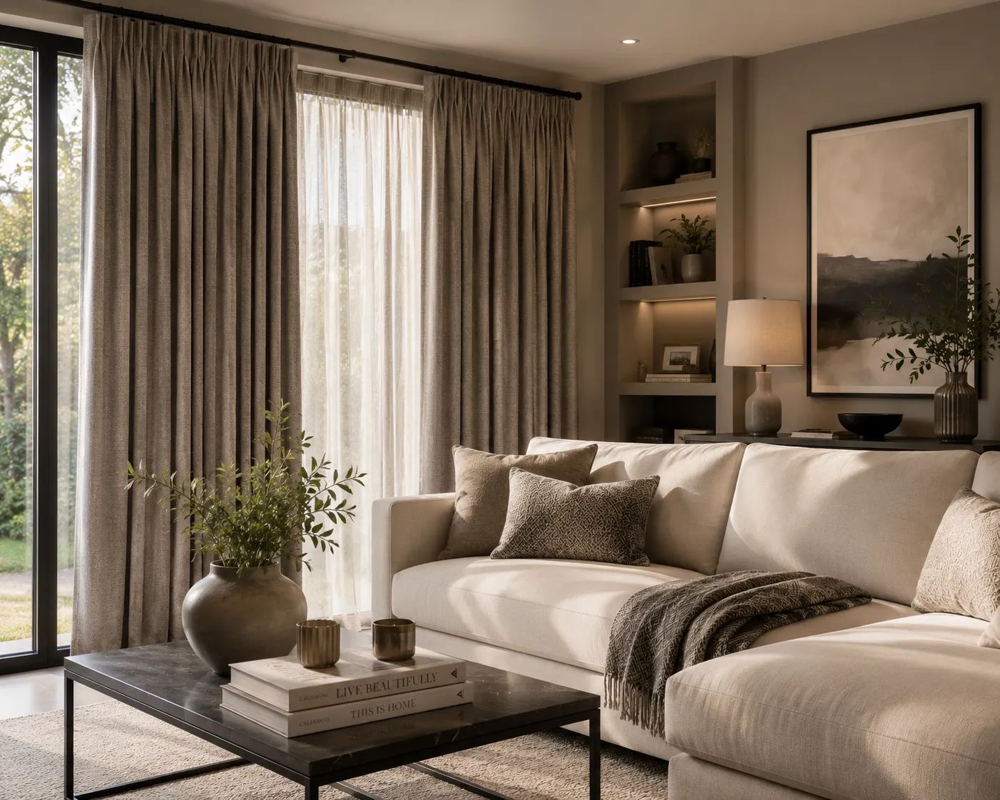Taupe pinch-pleat curtains layered with sheers in a calm living room