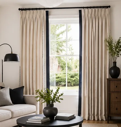 Cream pinch-pleat curtains with a black contrast leading edge in a living room