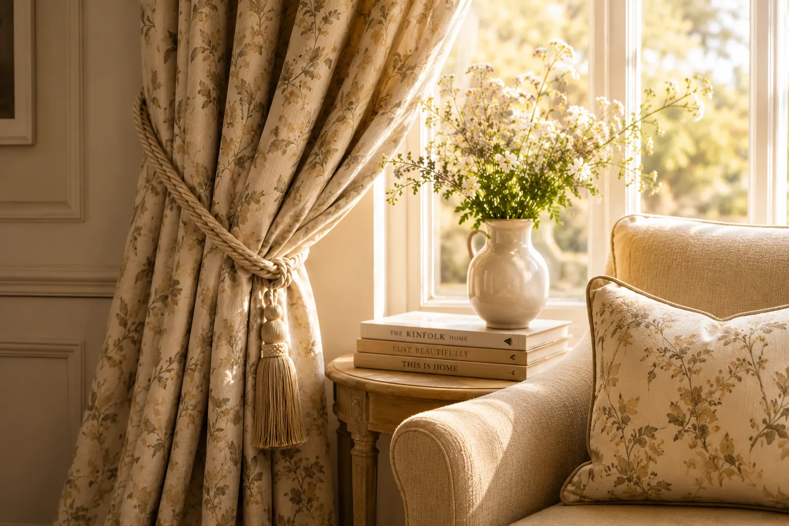 A floral curtain held with a rope tie-back beside a matching cushion