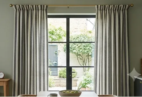Grey and cream ticking-stripe pinch-pleat curtains at a dining-room window