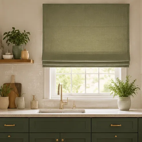A plain sage-green linen Roman blind fitted above a kitchen sink