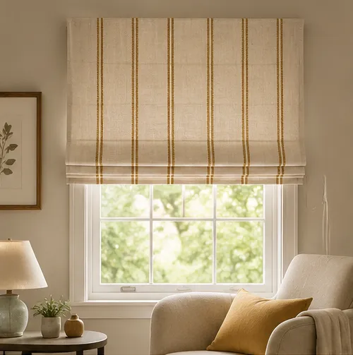 A natural linen Roman blind with mustard woven stripes in a living room