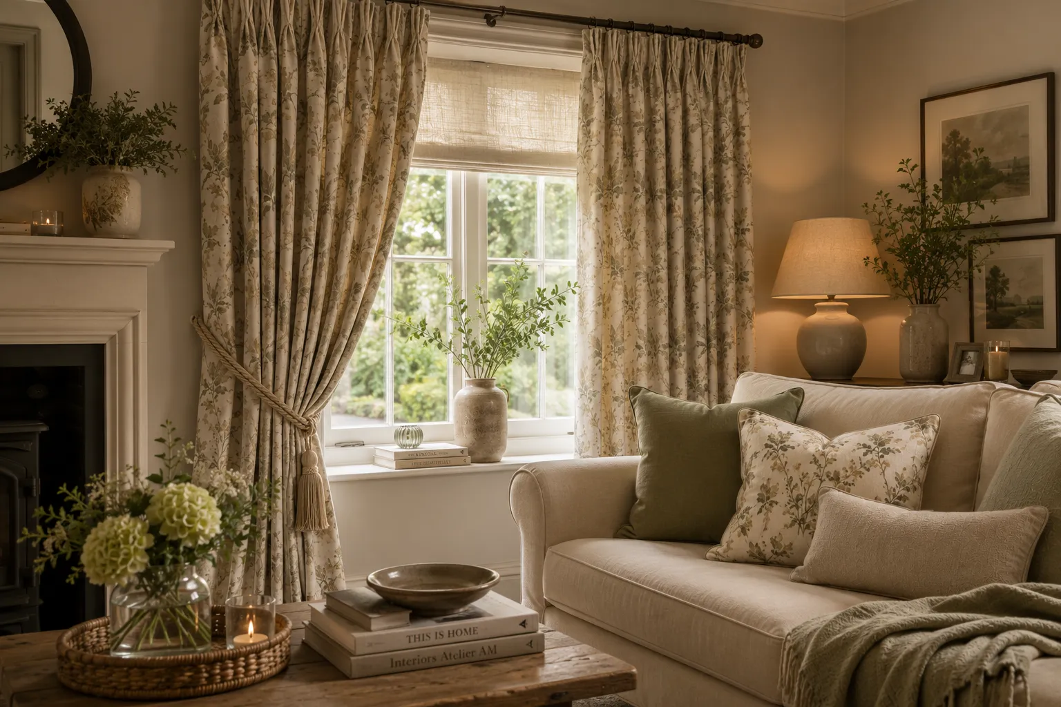 Cream floral pencil-pleat curtains tied back at a cottage living-room window